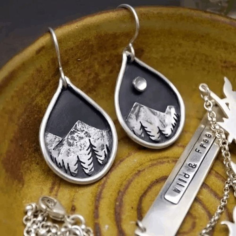 BOHEMIAN MOUNTAIN RANGE PINE TREE FULL MOON SILVER RHINESTONE DANGLE EARRINGS